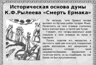 K. Ryleev.  Nekoliko reči o pesniku.  Duma K.F.  Duma „Smrt Ermaka“ i njena povezanost sa ruskom istorijom.  Detaljna analiza